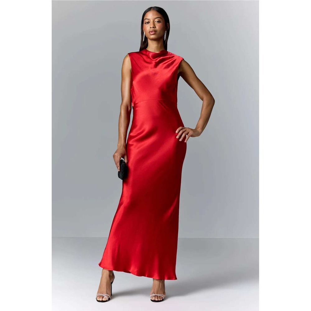 Shona Joy Tatum Cowl Back Maxi Dress Red Open Back Satin Formal Womens Size 10